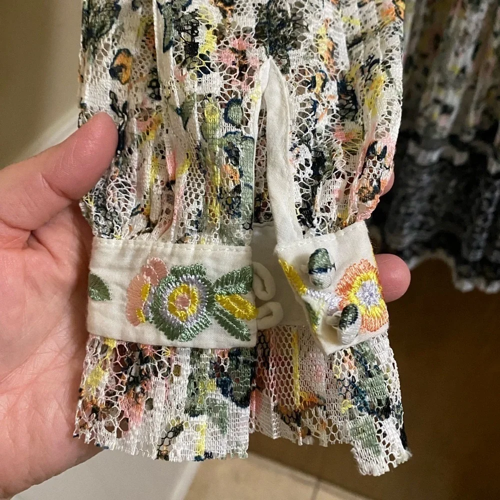 FREE PEOPLE Cherry Blossom Mini Dress in Ivory Multicolor Embroidered Mesh Sz 0